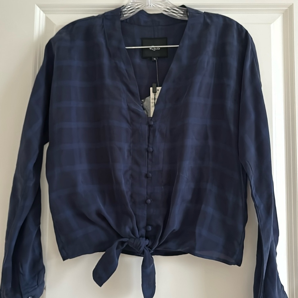 Rails Sloane Women’s XS Navy Plaid Button-Down Blouse -Tie-Front, Casual Chic